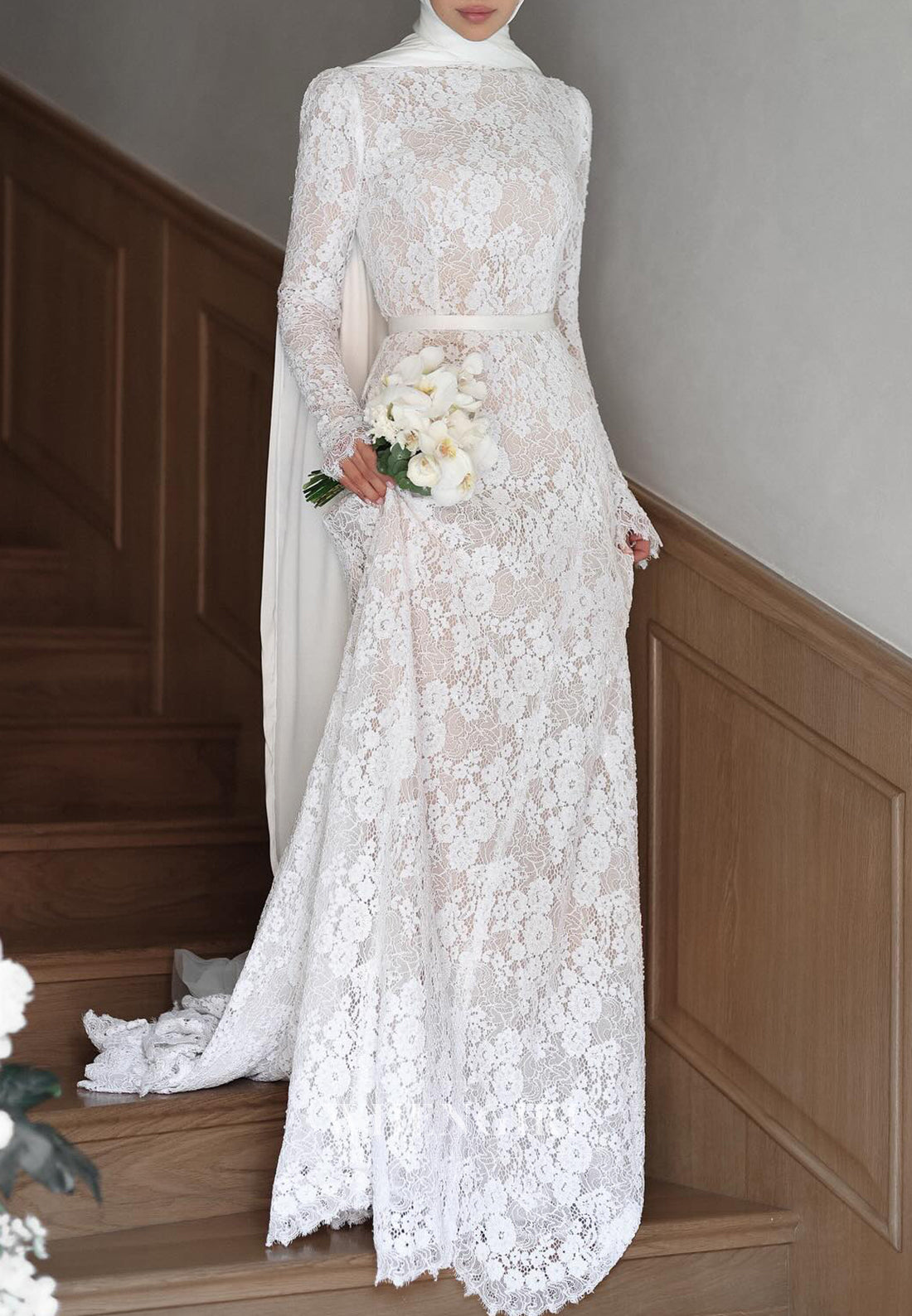High Neck Long Sleeves Sweep Train Lace Sheath Wedding Dress