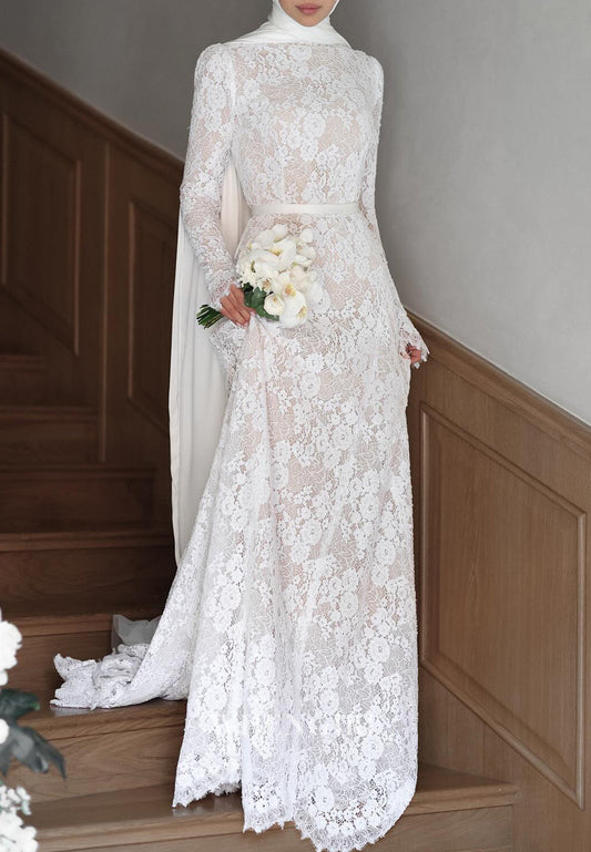 High Neck Long Sleeves Sweep Train Lace Sheath Wedding Dress