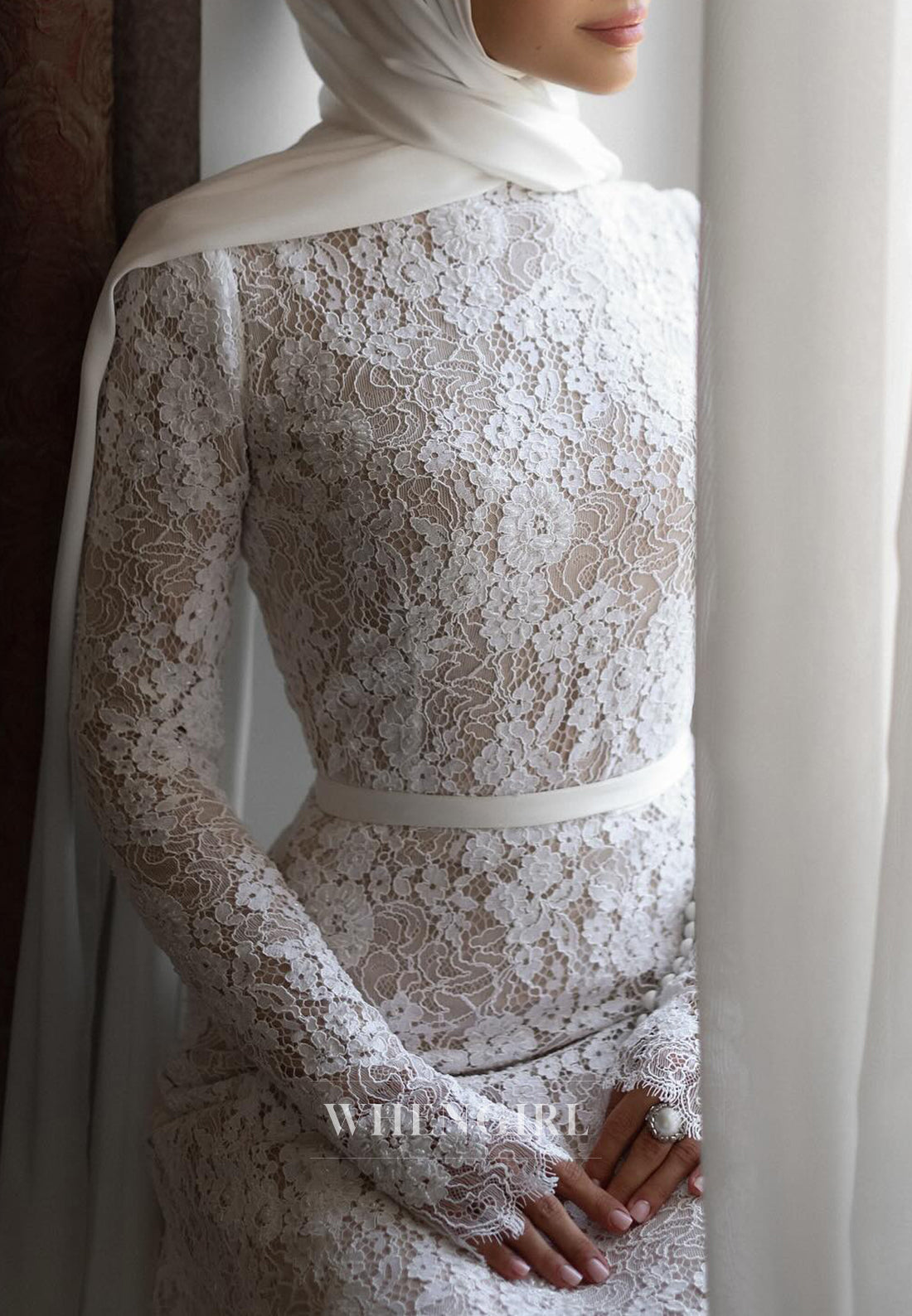 High Neck Long Sleeves Sweep Train Lace Sheath Wedding Dress