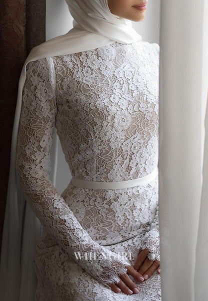 High Neck Long Sleeves Sweep Train Lace Sheath Wedding Dress