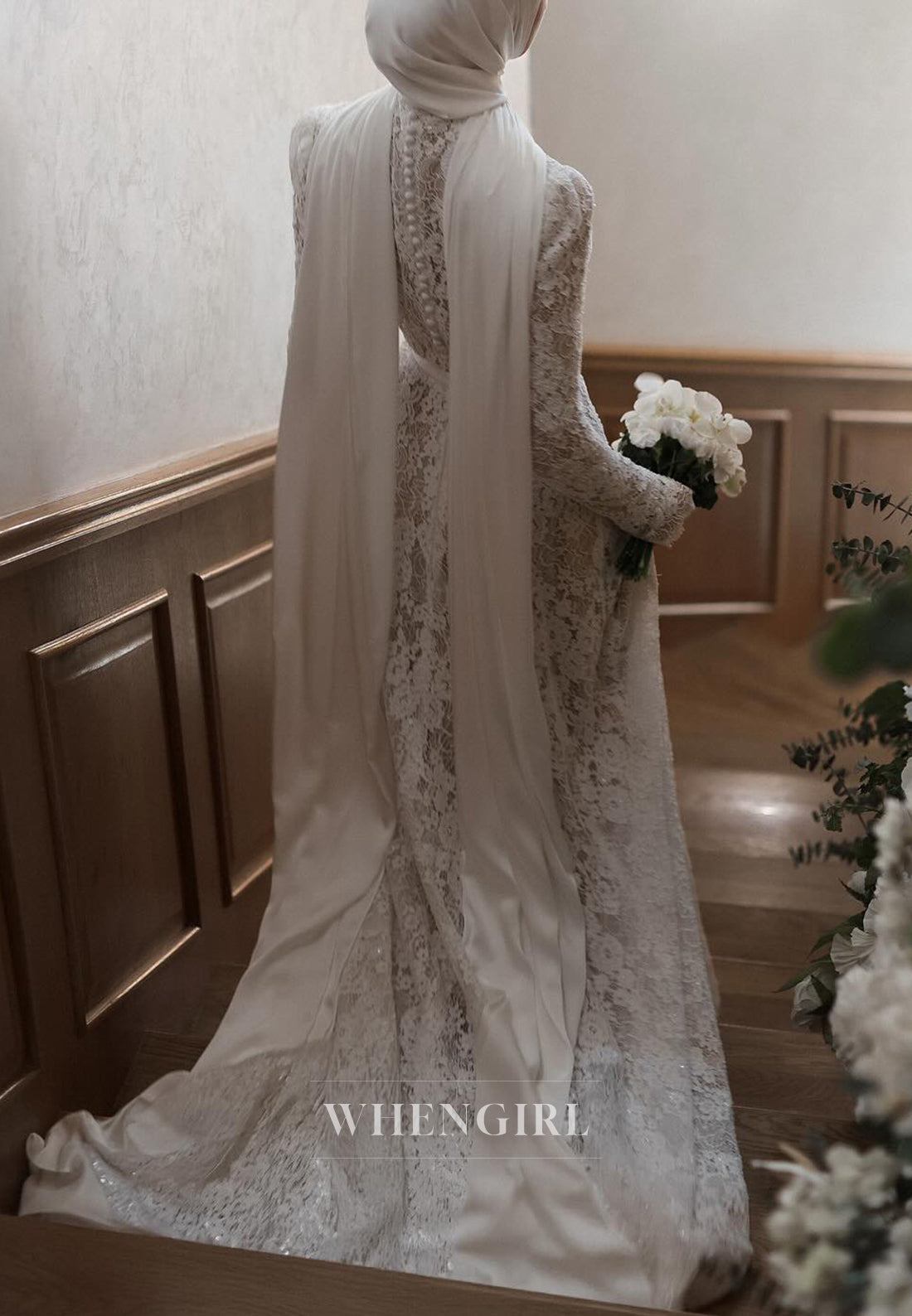 High Neck Long Sleeves Sweep Train Lace Sheath Wedding Dress