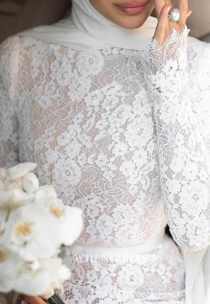 High Neck Long Sleeves Sweep Train Lace Sheath Wedding Dress