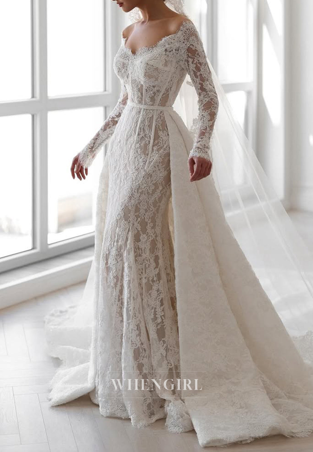 Sheath Scalloped Neck Long Sleeves Detachable Court Train Wedding Dress