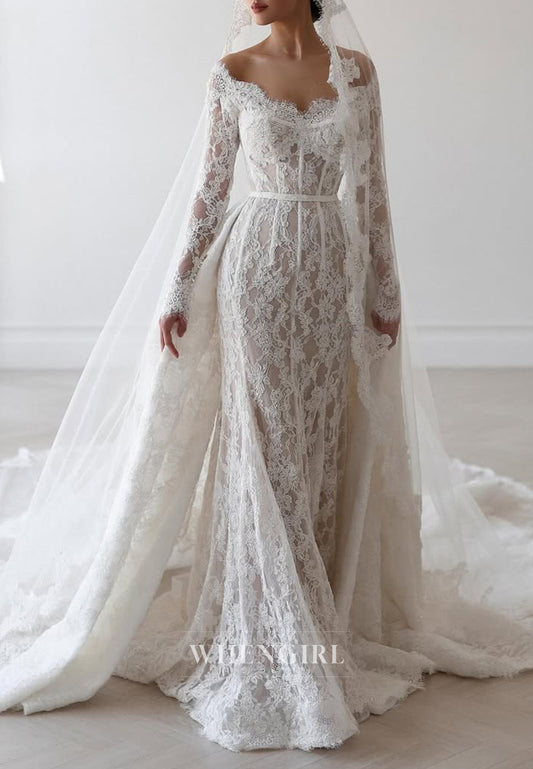 Sheath Scalloped Neck Long Sleeves Detachable Court Train Wedding Dress