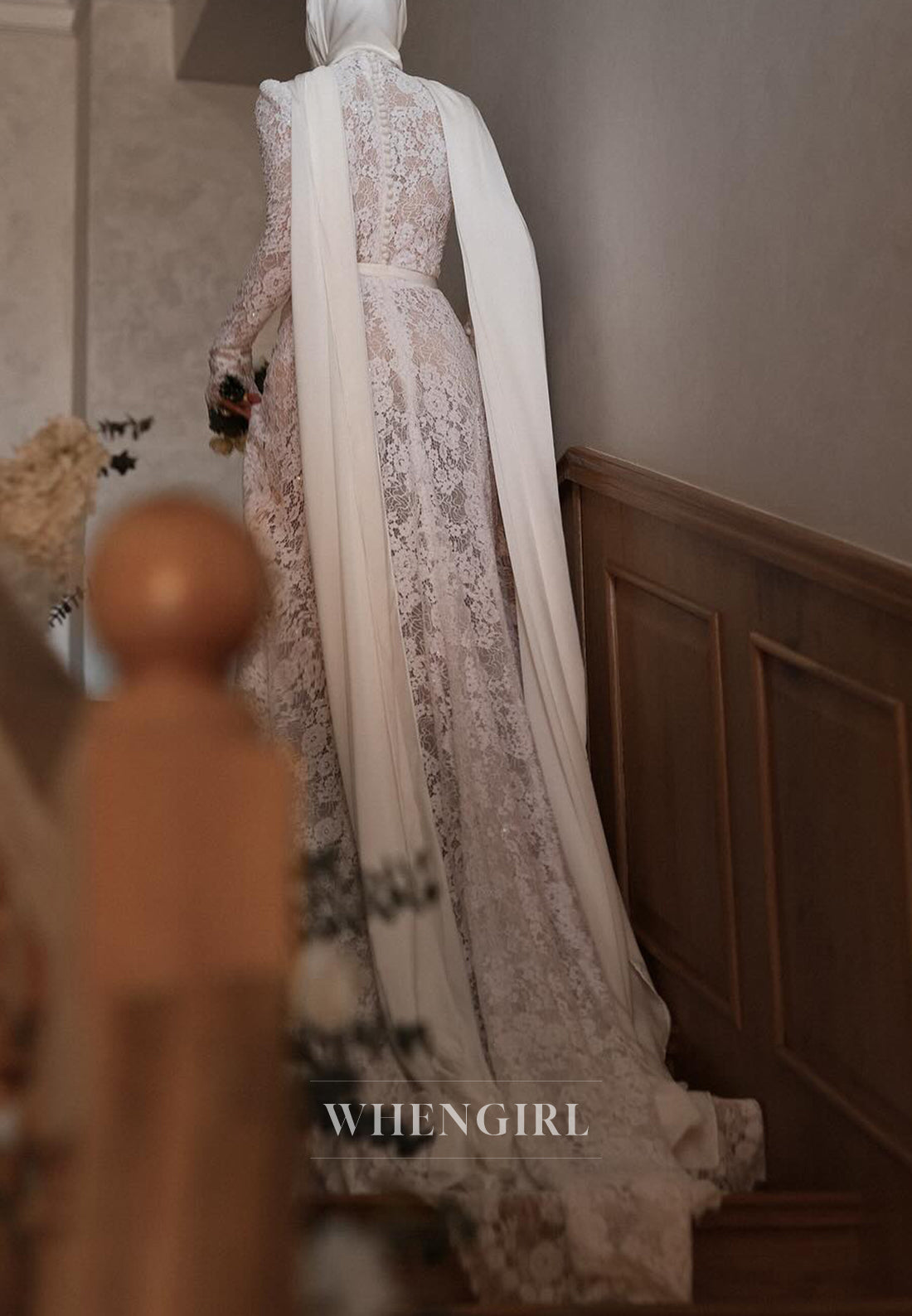 High Neck Long Sleeves Sweep Train Lace Sheath Wedding Dress
