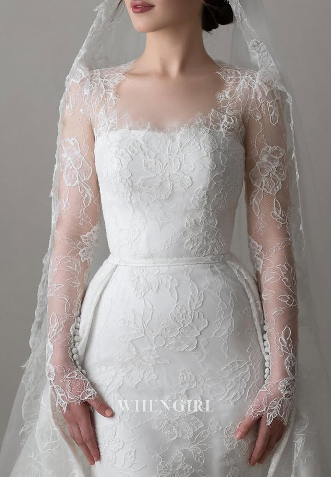 Lace Scoop Neck Long Sleeves Sheath Detachable Court Train Wedding Dress