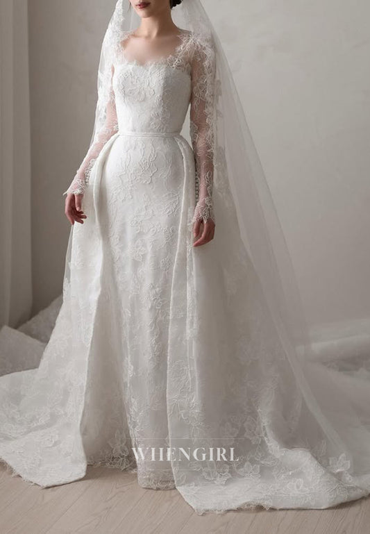 Lace Scoop Neck Long Sleeves Sheath Detachable Court Train Wedding Dress