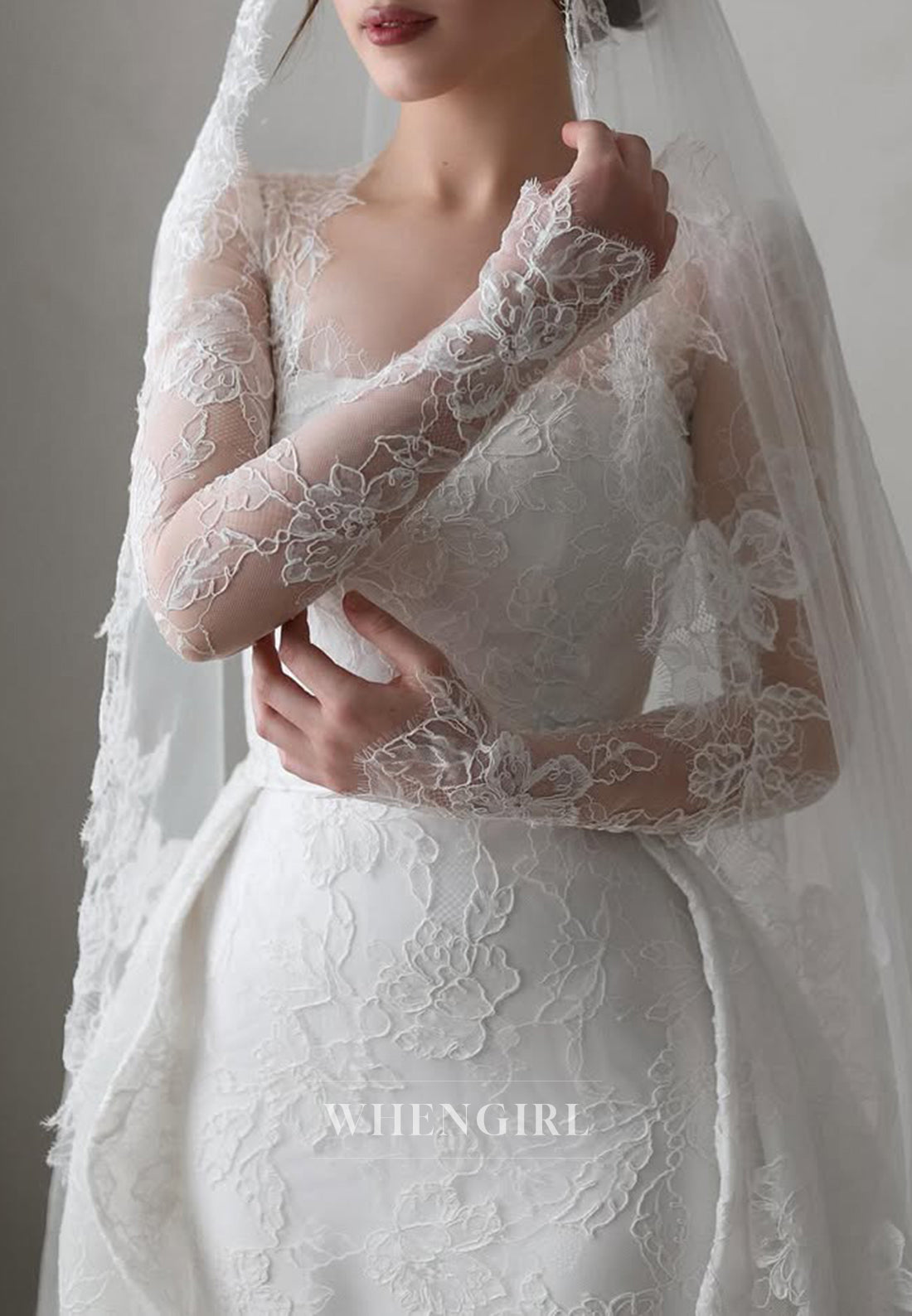 Lace Scoop Neck Long Sleeves Sheath Detachable Court Train Wedding Dress