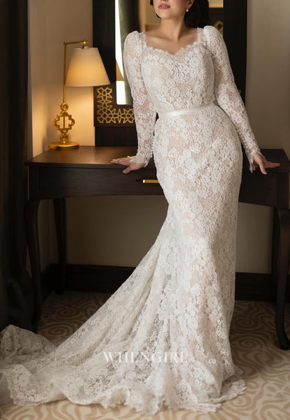 Sweetheart Long Sleeves Lace Mermaid Sweep Train Wedding Dress