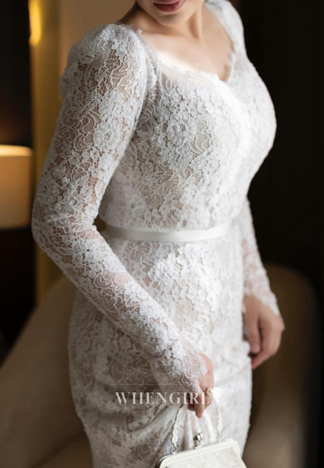 Sweetheart Long Sleeves Lace Mermaid Sweep Train Wedding Dress