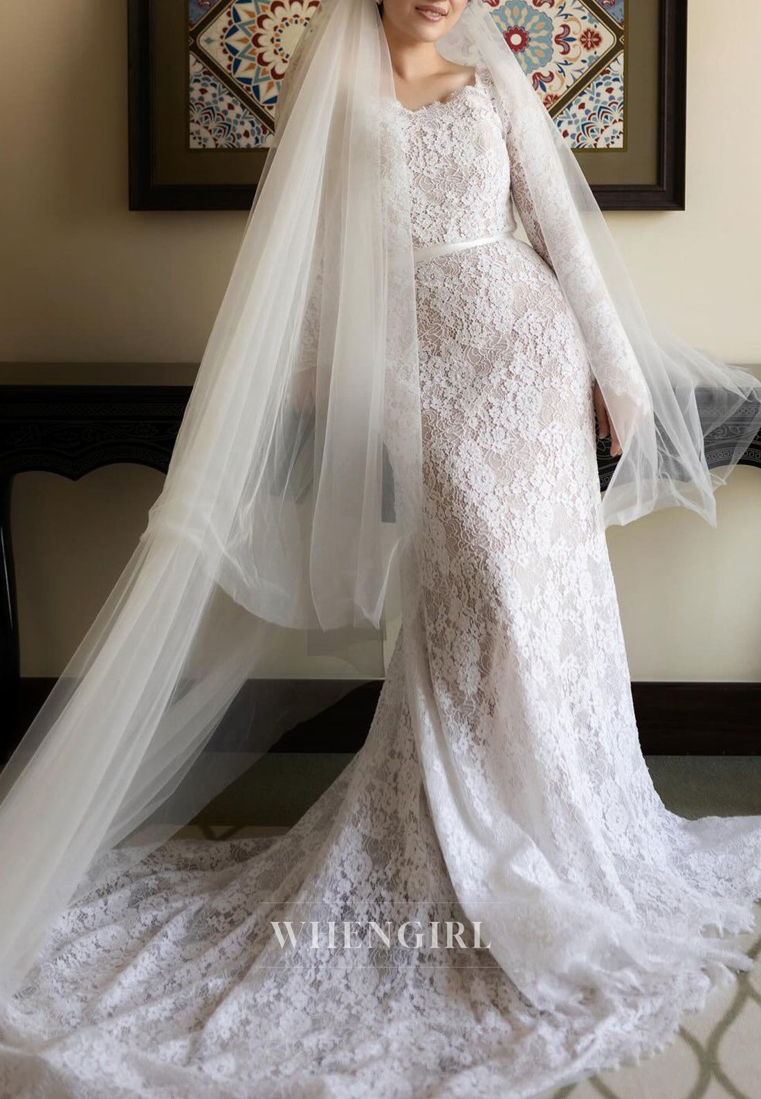Sweetheart Long Sleeves Lace Mermaid Sweep Train Wedding Dress