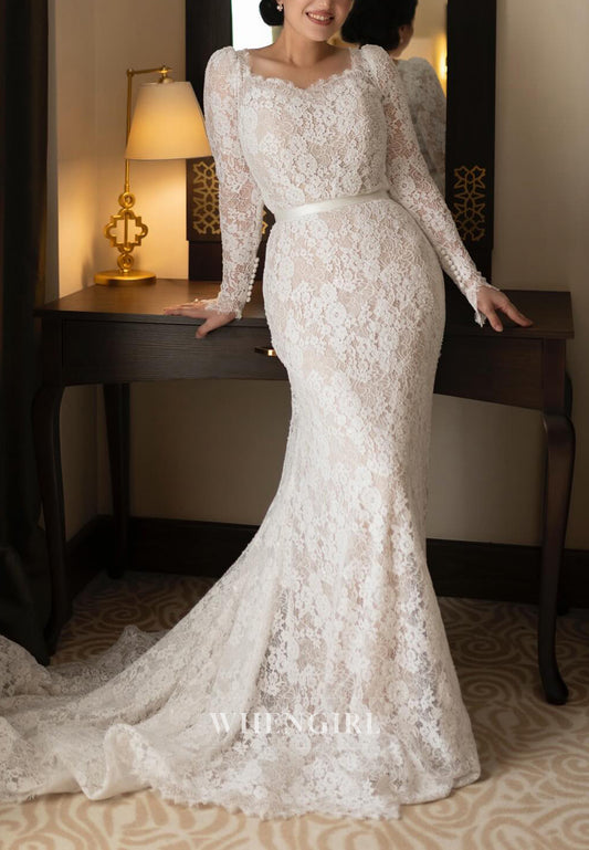 Sweetheart Long Sleeves Lace Mermaid Sweep Train Wedding Dress