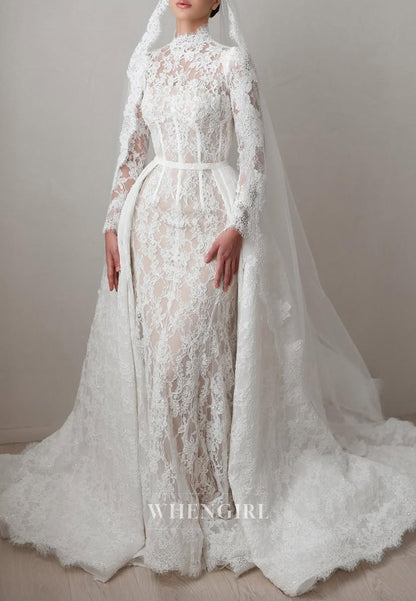 Sheath High Neck Long Sleeves Lace Detachable Court Train Buttons Wedding Dress
