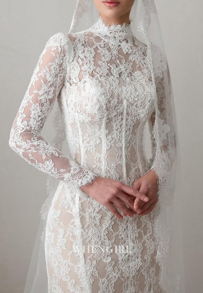 Sheath High Neck Long Sleeves Lace Detachable Court Train Buttons Wedding Dress