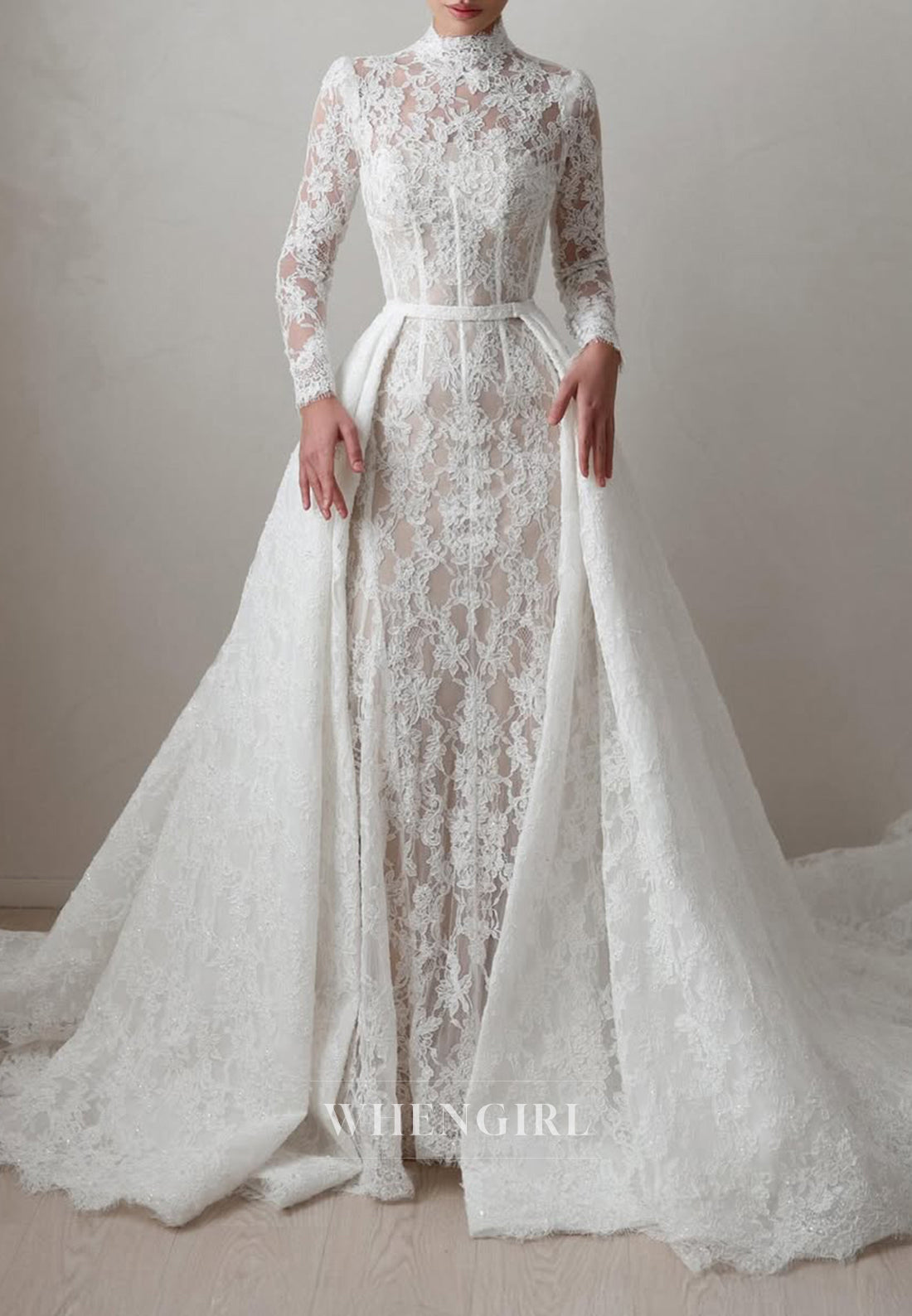 Sheath High Neck Long Sleeves Lace Detachable Court Train Buttons Wedding Dress