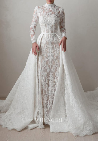 Sheath High Neck Long Sleeves Lace Detachable Court Train Buttons Wedding Dress