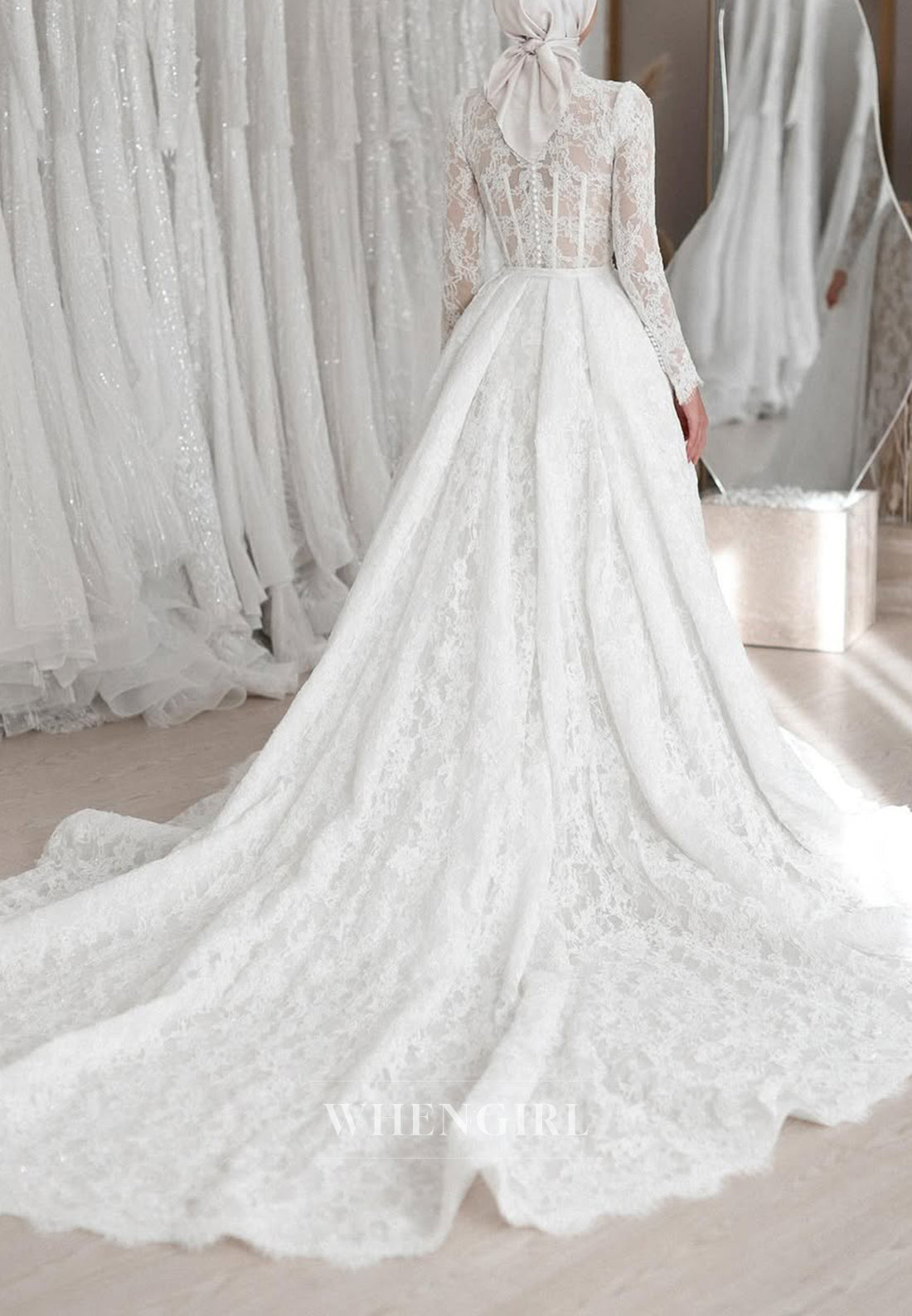 Sheath High Neck Long Sleeves Lace Detachable Court Train Buttons Wedding Dress