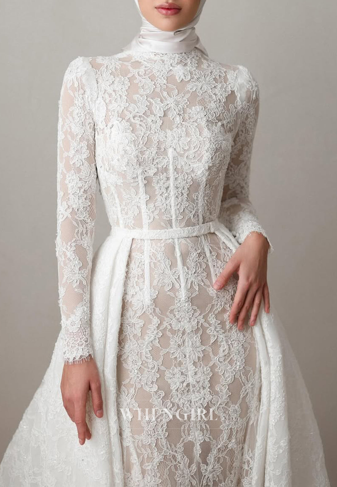 Sheath High Neck Long Sleeves Lace Detachable Court Train Buttons Wedding Dress