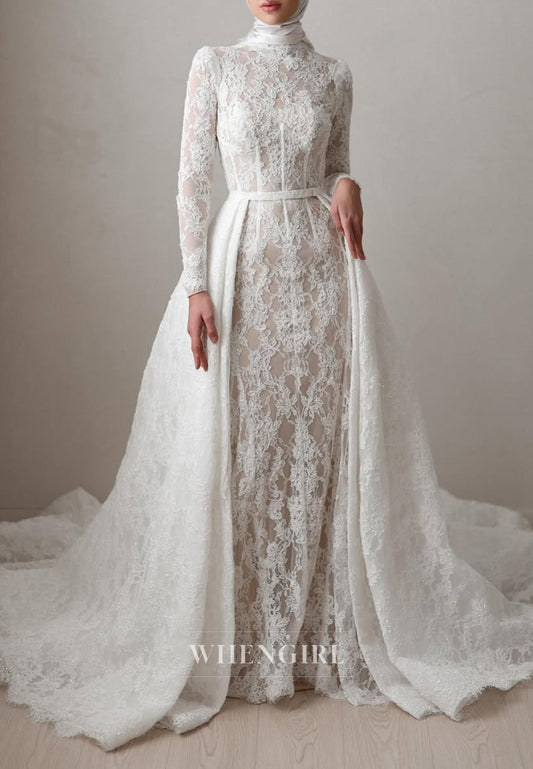 Sheath High Neck Long Sleeves Lace Detachable Court Train Buttons Wedding Dress