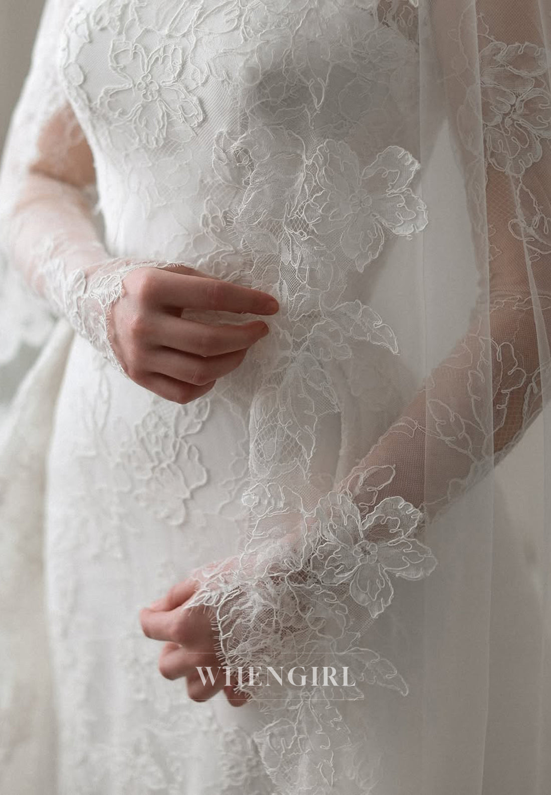 Lace Scoop Neck Long Sleeves Sheath Detachable Court Train Wedding Dress