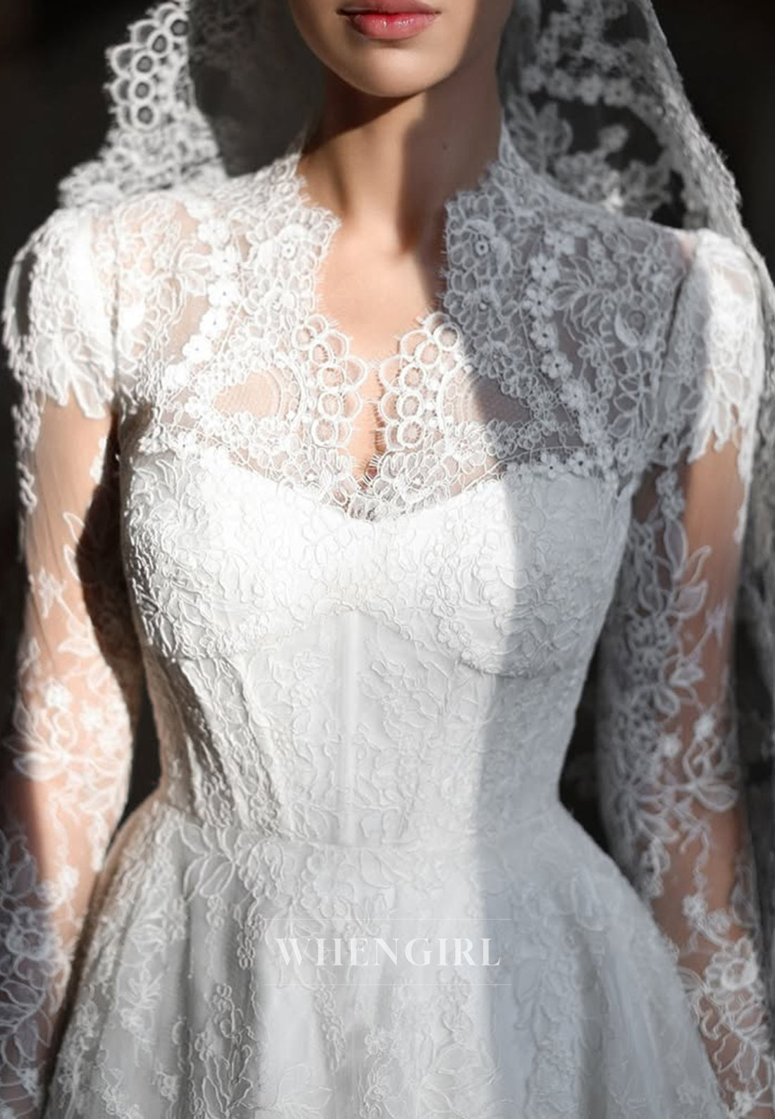 A-Line Lace Long Sleeves Appliqued Lace Sweep Train Wedding Dress