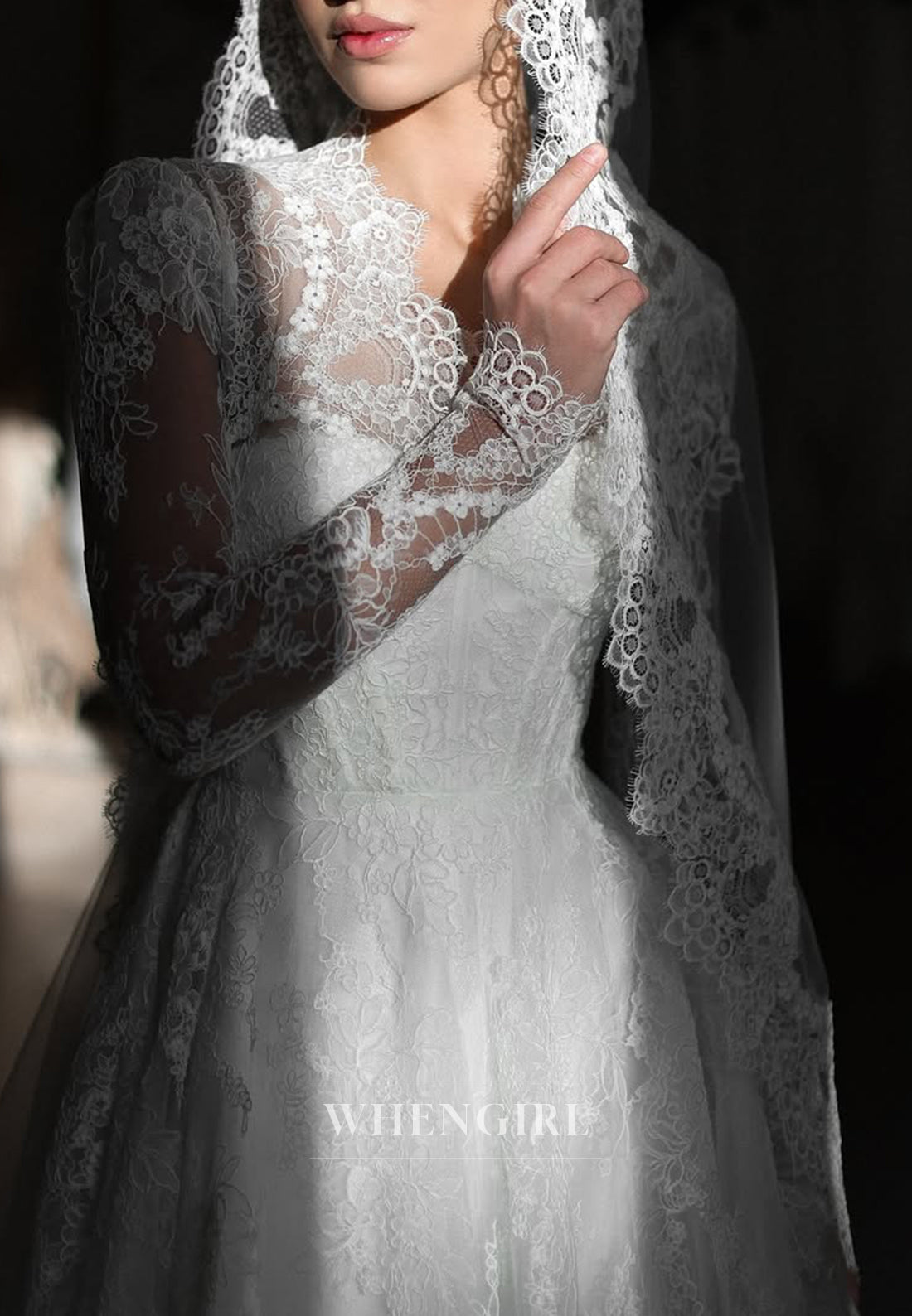 A-Line Lace Long Sleeves Appliqued Lace Sweep Train Wedding Dress