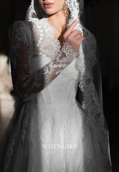 A-Line Lace Long Sleeves Appliqued Lace Sweep Train Wedding Dress