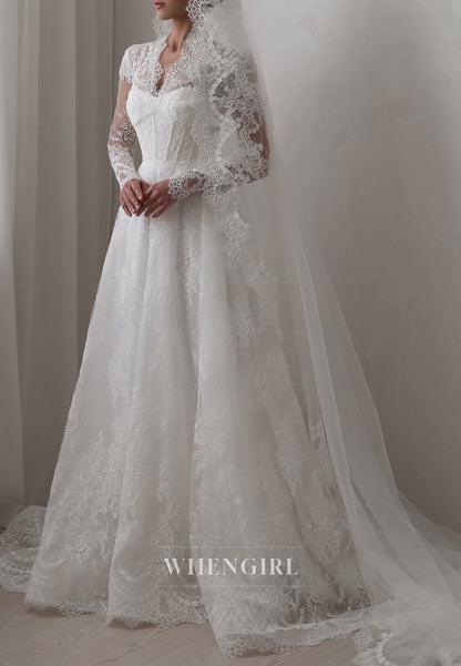 A-Line Lace Long Sleeves Appliqued Lace Sweep Train Wedding Dress