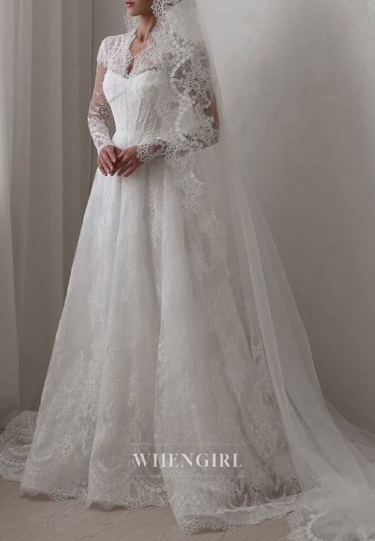 A-Line Lace Long Sleeves Appliqued Lace Sweep Train Wedding Dress