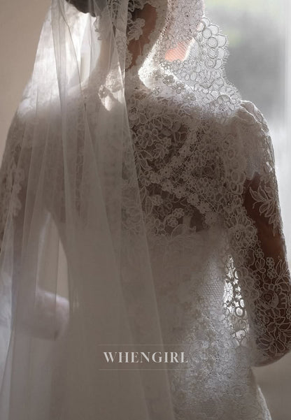A-Line Lace Long Sleeves Appliqued Lace Sweep Train Wedding Dress