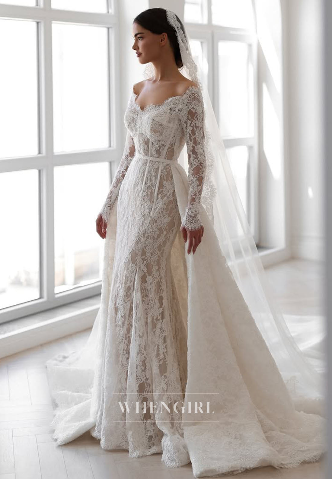 Trumpet Long Sleeves Off Shoulder Lace Wedding Dress with Train