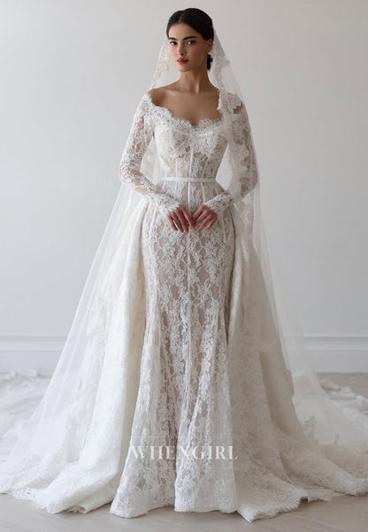 Trumpet Long Sleeves Off Shoulder Lace Wedding Dress with Train