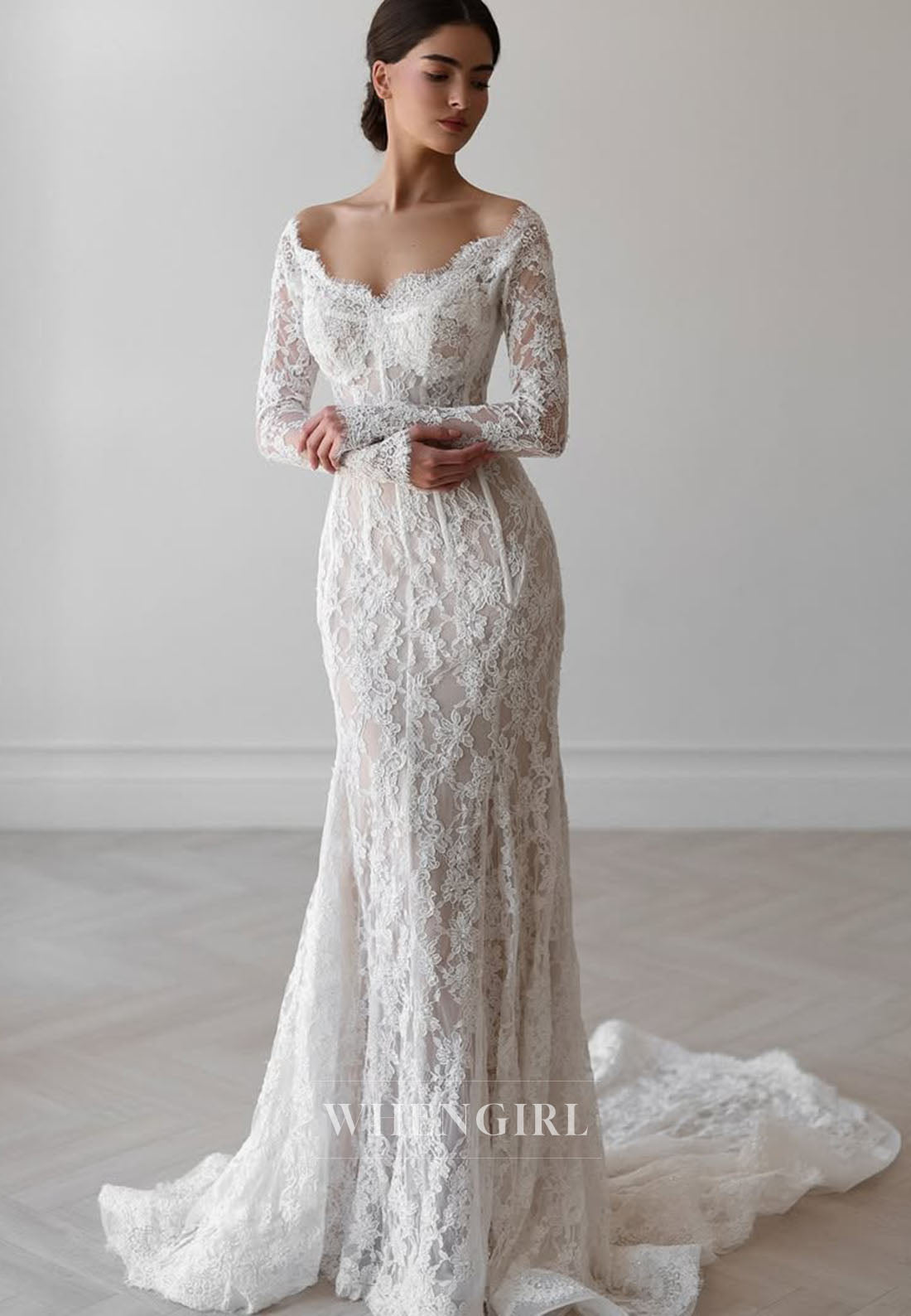 Trumpet Long Sleeves Off Shoulder Lace Wedding Dress with Train