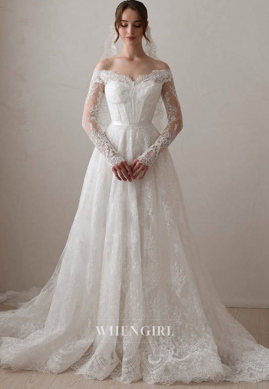 Lace Long Sleeves A-Line Wedding Dress with Court Train