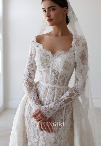 Trumpet Long Sleeves Off Shoulder Lace Wedding Dress with Train