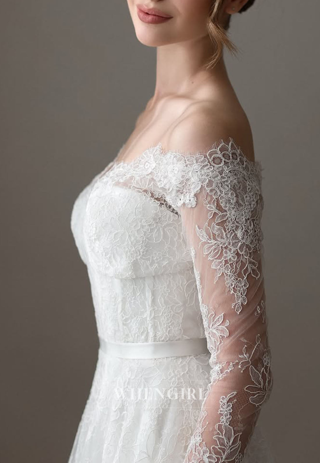 Lace Long Sleeves A-Line Wedding Dress with Court Train