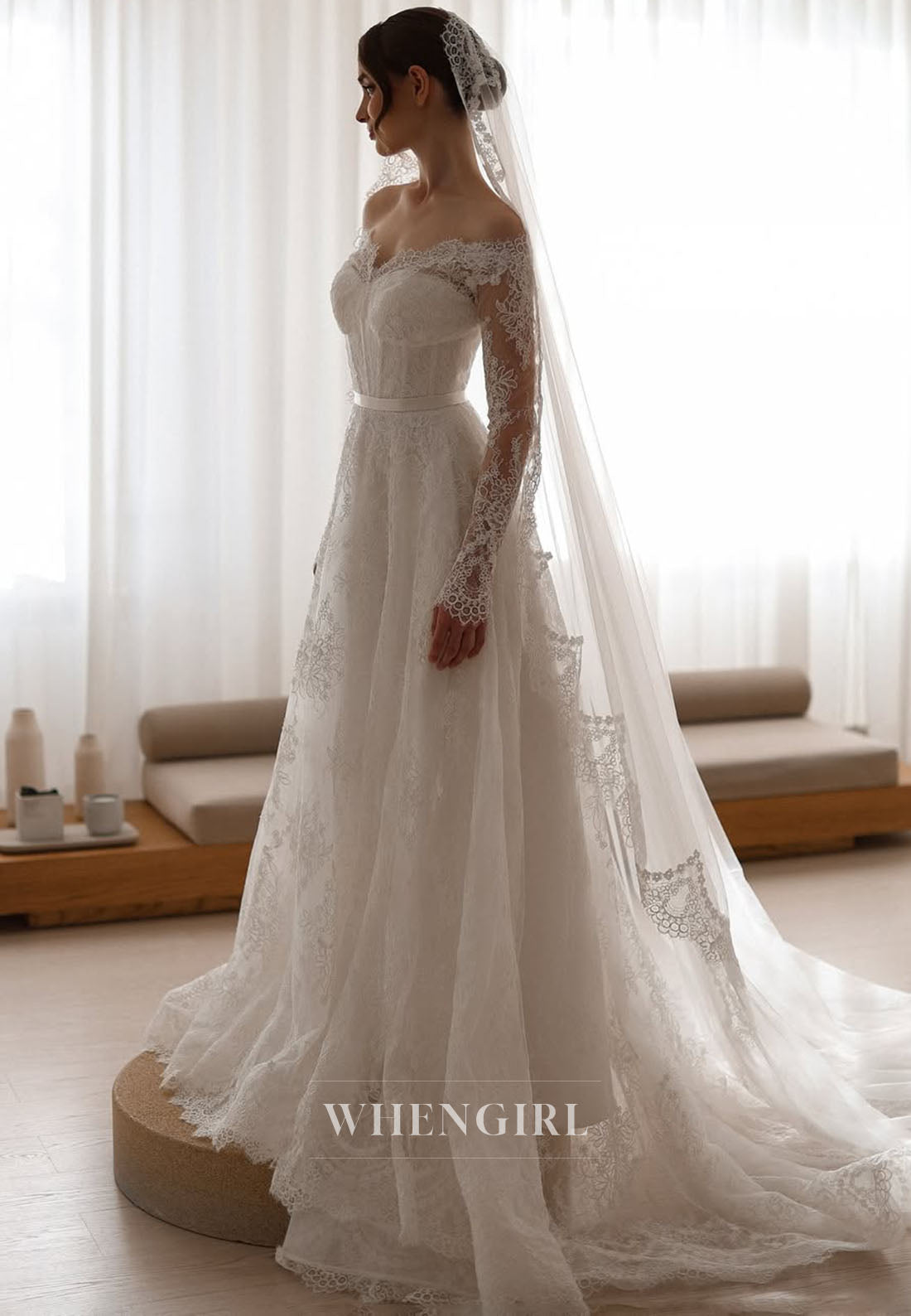 Lace Long Sleeves A-Line Wedding Dress with Court Train