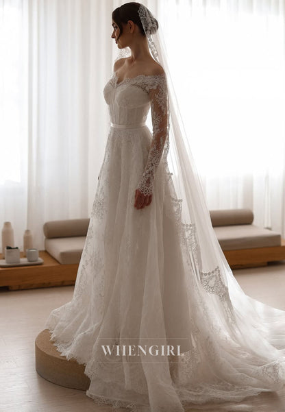 Lace Long Sleeves A-Line Wedding Dress with Court Train
