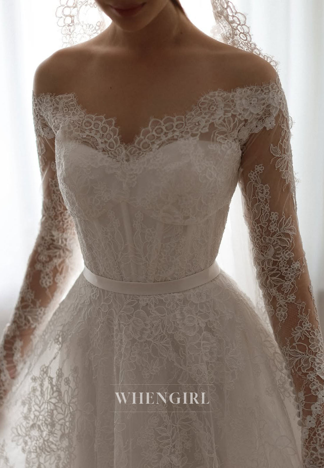 Lace Long Sleeves A-Line Wedding Dress with Court Train