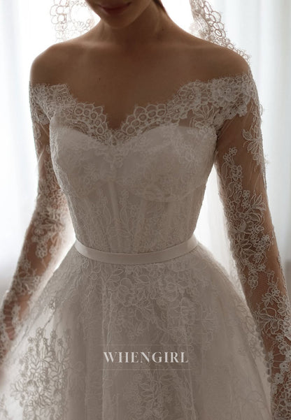Lace Long Sleeves A-Line Wedding Dress with Court Train