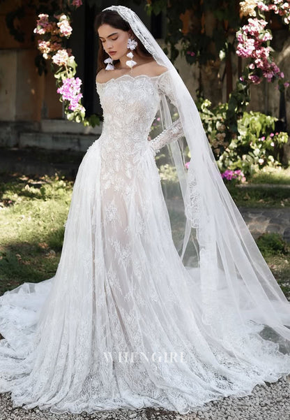 Long Sleeves Appliques Lace Off Shoulder Column Wedding Dress