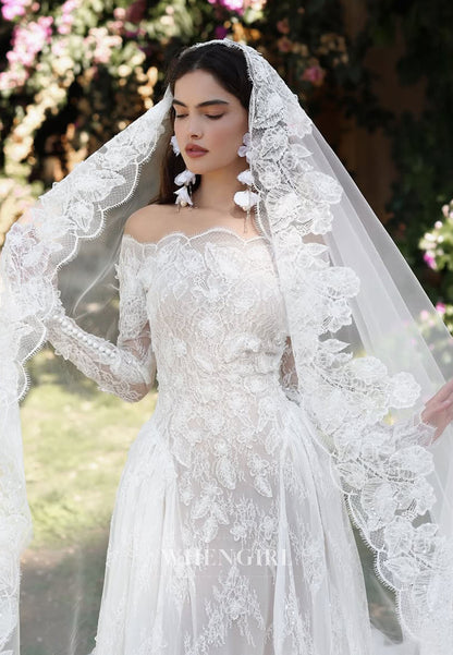 Long Sleeves Appliques Lace Off Shoulder Column Wedding Dress