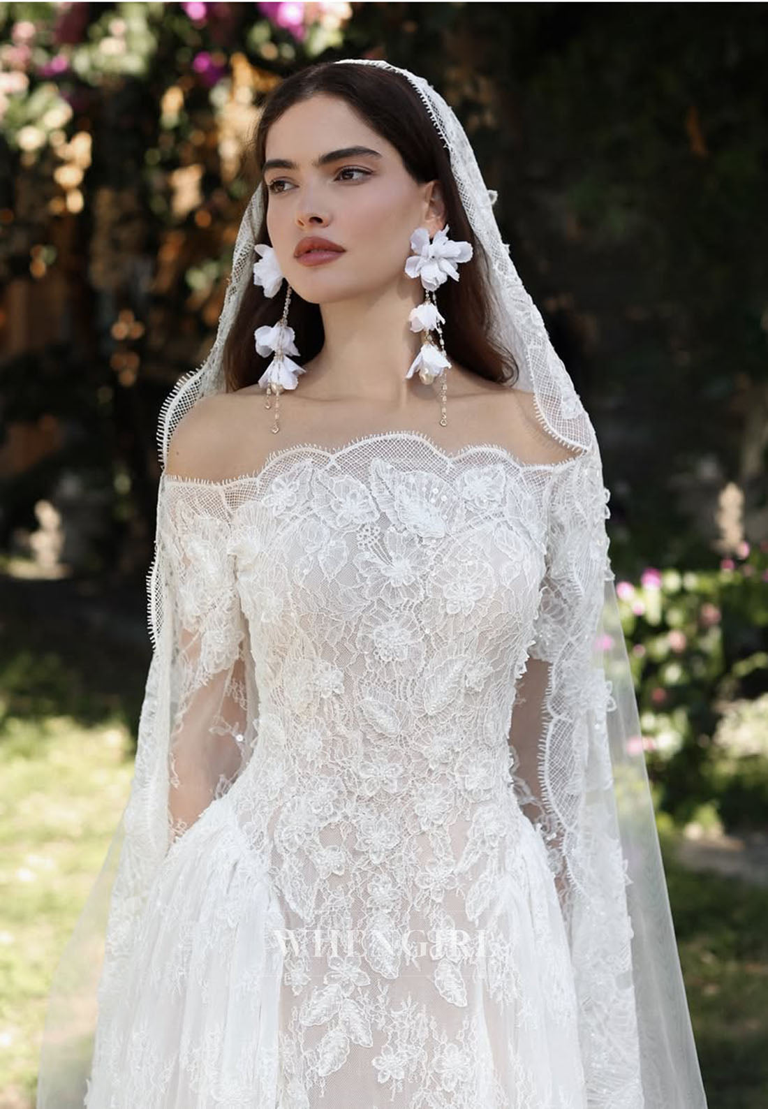 Long Sleeves Appliques Lace Off Shoulder Column Wedding Dress