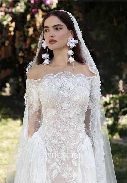 Long Sleeves Appliques Lace Off Shoulder Column Wedding Dress