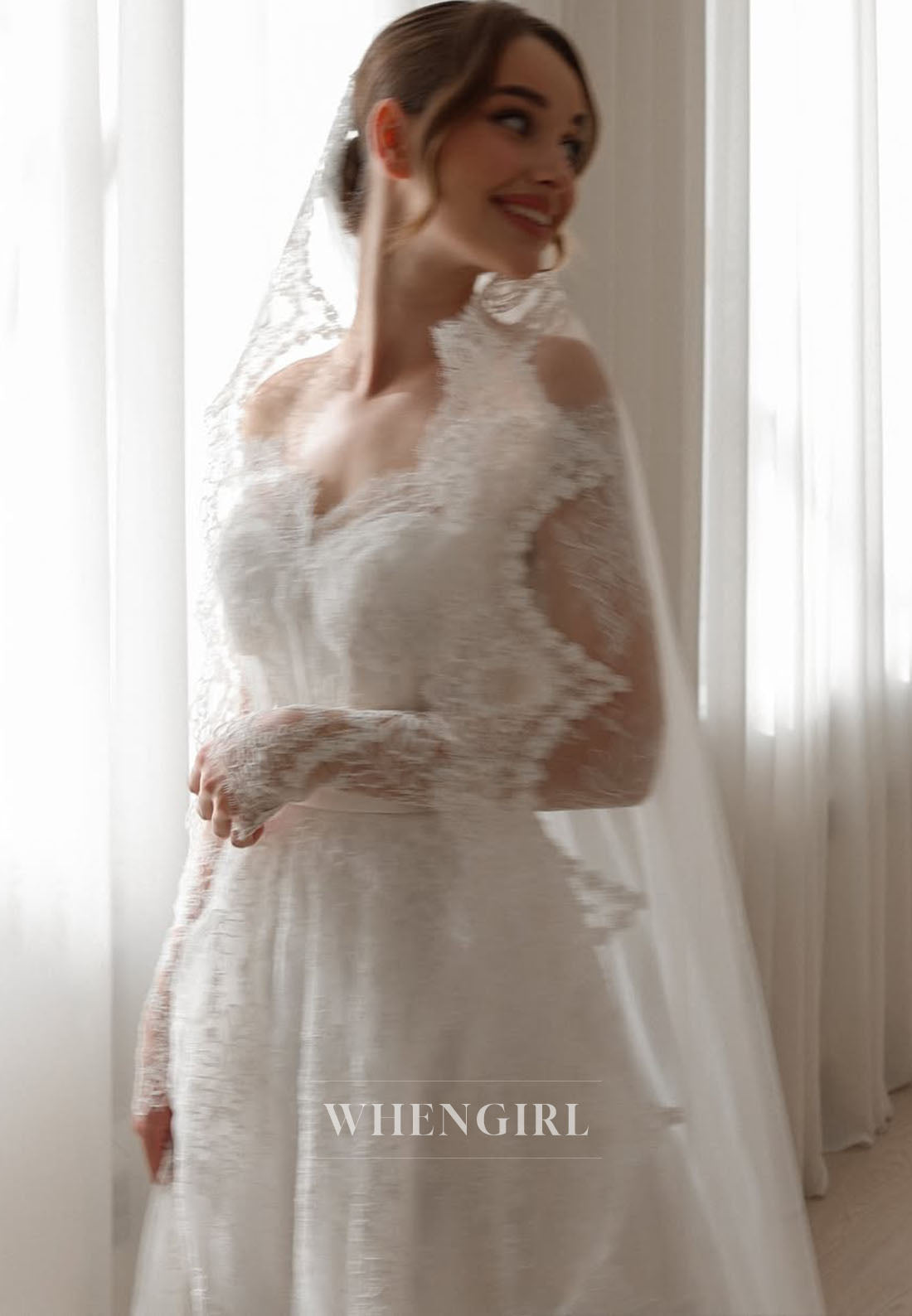 Lace Long Sleeves A-Line Wedding Dress with Court Train