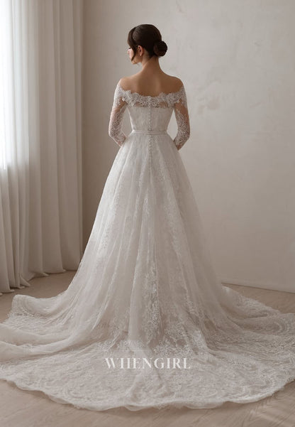 Lace Long Sleeves A-Line Wedding Dress with Court Train