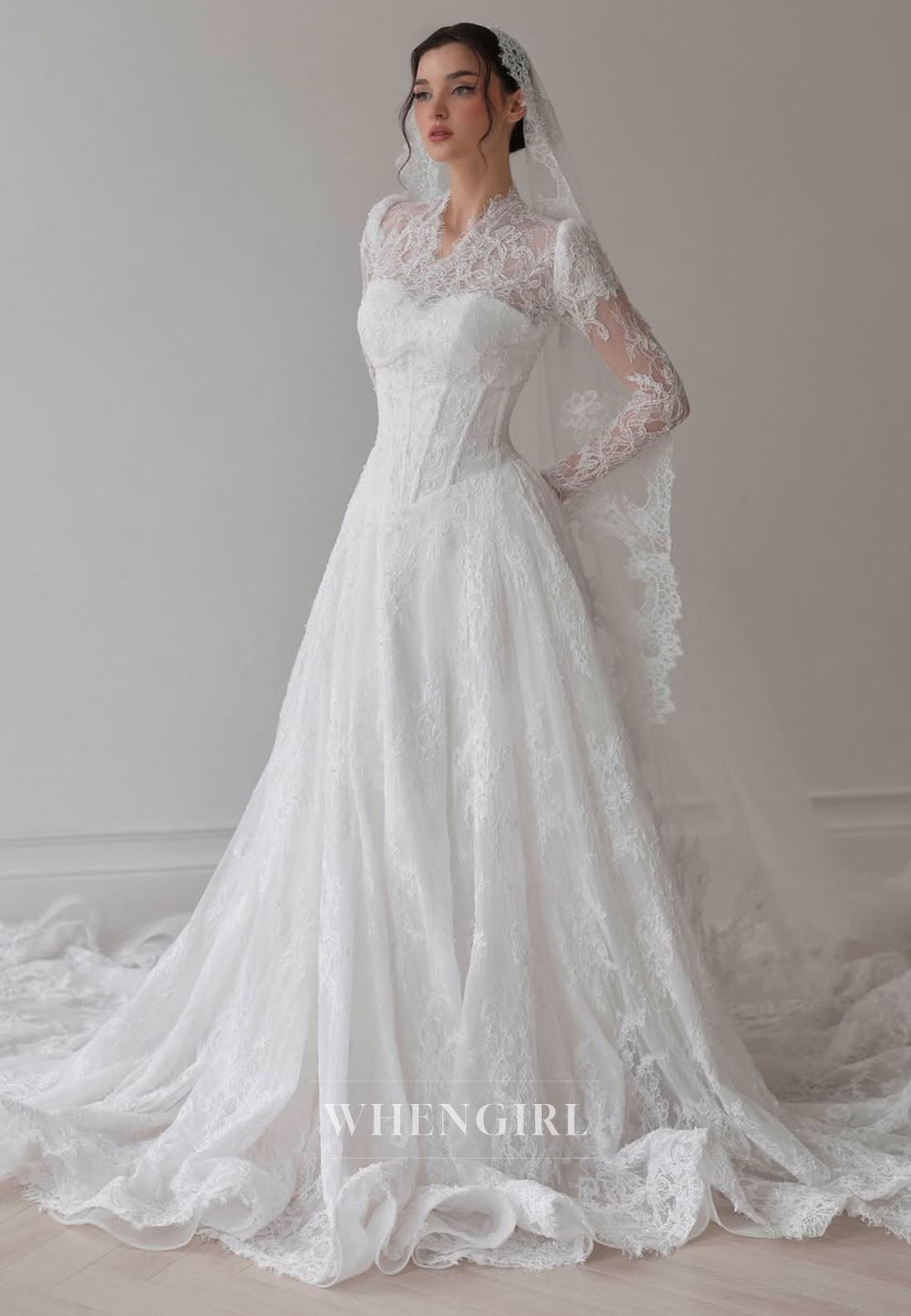 A-Line Long Sleeves Lace V Neck Wedding Dress