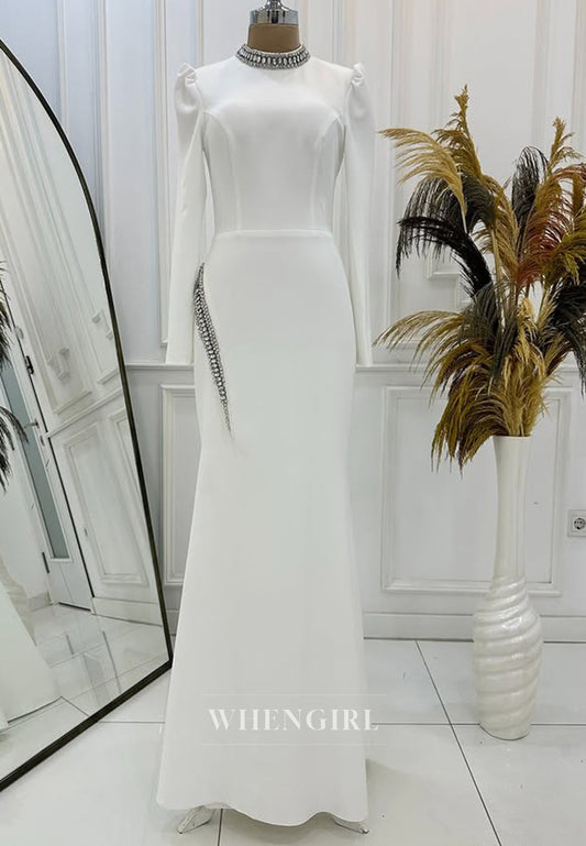 Elegant Long Sleeves Sheath Prom Dress High Neck Long Satin Formal Dress with Beaded