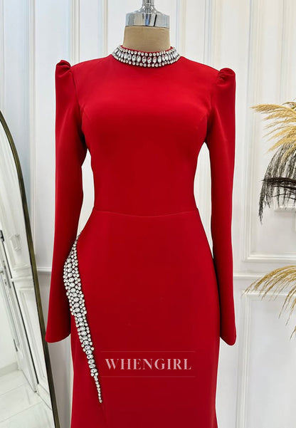 Elegant Long Sleeves Sheath Prom Dress High Neck Long Satin Formal Dress with Beaded
