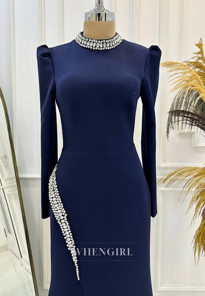 Elegant Long Sleeves Sheath Prom Dress High Neck Long Satin Formal Dress with Beaded